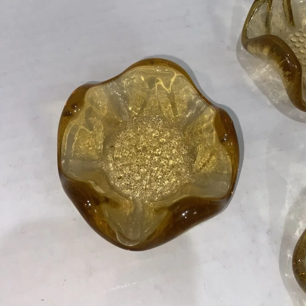Set 3 Vtg Mid Century Golden Amber 5 Petal Lotus Bowls Nesting Textured MCM